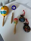 5 WOODEN MARACAS Vtg SHAKERS Percussion Musical Instruments Games Hand painted