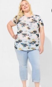 ~NWT TORRID Stretch Mesh Crew Neck Ruched Multi-Floral Shirt/Top