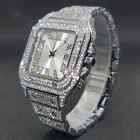 Men's Watch Luxury Iced Silver Simulated Diamond Square Bracelet Metal Dress Icy