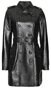 Womens Black Leather Coat Steampunk Gothic Style Trench Coat Winter Coat