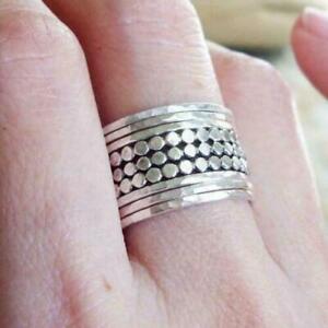 Set of 9 Mixed Thin Solid 925 Sterling Silver Stacking Ring Hammered Statement