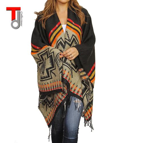 Winter Aztec Kimono New Print Fringed Colorful Oversize Poncho Blanket Wrap
