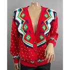 Complements Vtg 80s Sweater Women M Red Knit Cardigan Metallic Holiday Cotton