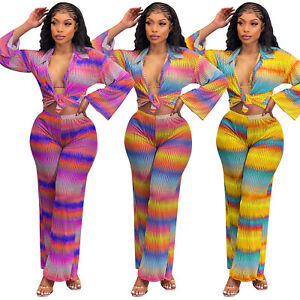 New Stylish Women V Neck Long Sleeves Colorful Print Wide Legs Pants Set 2pcs