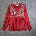 Knox Rose Tunic Womens XXL Red Balloon Sleeve Embroidered Flowy Boho