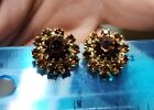Amber Clip On Earrings Rhinestones Estate Find Round Gold Tone  Excellent