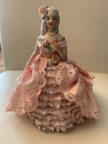 Vintage Hand Painted Porcelain Figurine Lady with Stiffened Lace Skirt Pink