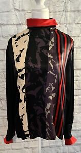 Escada Size 38 Silk Red Black Stripe High Neck Button Blouse Top Exc Germany