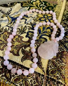 Vintage Round Rose Quartz Beaded Knotted Carved Peach Pendant 26” Necklace