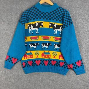 Private Eyes Jumper Womens L Blue Sweater Princess Diana Intarsia Cows Western