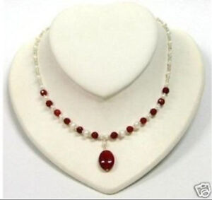 7-8mm White Cultured Pearl Red Jade Beads Oval Pendant Necklace 18''