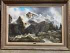 Antique Signed Oil Painting J.E. Lemke Mountain Alpine Landscape Golden Frame