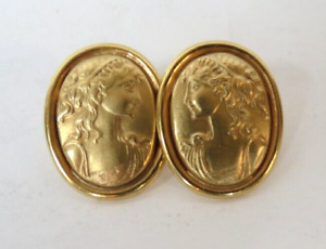 Vintage 14K Solid Yellow Gold Lady Cameo Face Stud Earrings 5.5gr