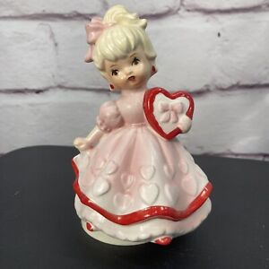 Vintage Valentines Day Sankyo Ceramic Girl Hearts Rotating Music Box Japan Pink