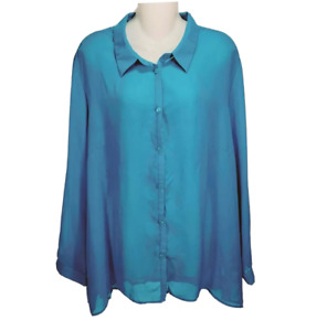 Blair Womens Plus Size Top 2XL Blue Long Sleeve Blouse Button Up Shirt