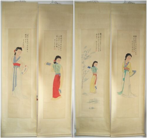 Chinese 100% Hand Painting four Scrolls Beauty By zhang Daqian 張大千 美女四条屏