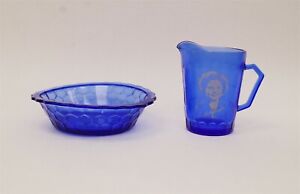 Antique Hazel-Atlas Shirley Temple Cobalt Blue Cereal Bowl & Pitcher 1930s B7806