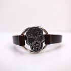King Baby Skull Centerpiece Brown Leather Strap With Hook Clasp USA .925