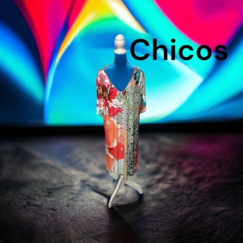 Chicos Multicolored Dress Sz 3 Midi Back Criss Cross Ptp 22 In 96% Polyester