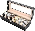 6 Slot Leather Watch Box Display Case Organizer Glass Jewelry Storage Black Men