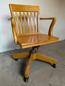 Vintage Oak School Library Bank Swivel Desk Chair - Solid Wood