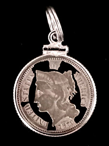 1870 3 Cent Nickel Cut-Out Sterling Bezel Coin Pendant Three 3c Dime Size