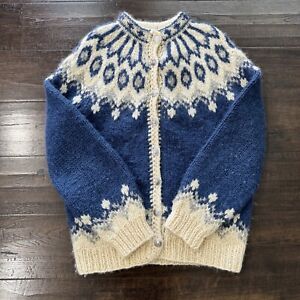 VTG Alva Knit Sweater Cardigan Knit Iceland Wool Blue Nordic Fair Isle Size L