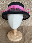 Women’s Handmade Derby Hat Black Sinamay, pink trim elastic see description size