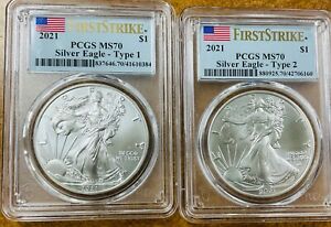 LOT OF 2 PCGS 2021 MS70 AMERICAN SILVER EAGLES . TYPE 1 AND 2
