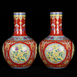 A Pair Chinese Enamel Gilded Porcelain Hand-Paintde Flower&Plant Vases 14726