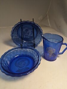 Shirley Temple Portrait 3 Pieces - 2 Bowls & 1 Glasses/Pitcher - Blue Glass