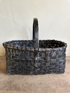 Early Antique Handmade Gathering Basket Great Form Old Black Paint 13+ Inches ￼￼