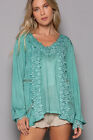 POL Clothing V-Neck Floral Lace Crochet Detail Top in Emerald