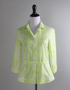 AKRIS PUNTO $495 Cotton Neon Printed Drawstring Button Up Shirt Top Size US 4