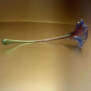 Vintage hand blown art glass long hollow stem flower blue red green 9 in