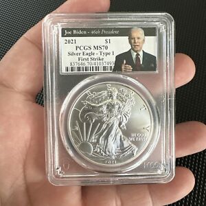 2021 $1 American Silver Eagle 1-oz Type 1 PCGS MS70 FS Biden Thumbs Up Label