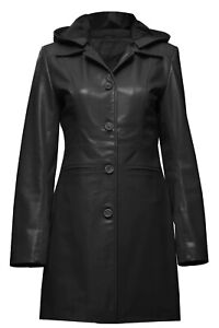 Black Leather Long Coat Women Real Lambskin Hooded Biker Trench Coat S M L - 421