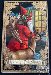 Vintage Gelatin Santa Claus Reindeer Christmas Postcard Night Scene Deer Window