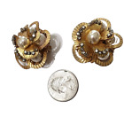 Vtg Miriam Haskell Clip-on Earrings Huge Floral Rhinestones Faux Pearls Gold Tn