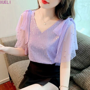 Korean Womens Chiffon V-neck Sequin Beads Bow Summer Party T-shirt Tops Blouse