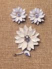 Vintage Coro White Enamel AB Rhinestone Flower Brooch Clip on Earrings Set
