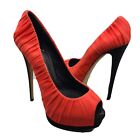 Giuseppe Zanotti stiletto heel pumps platform red silk rushed peep toe sz 40 9.5