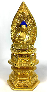 Buddha Statue Gold Gilt Dainichi Nyorai Sitting with Mandorla Japanese Vintage