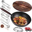 Chinese Wok Pan with Lid and Wooden Handle Carbon Steel Frying Stir Fry Set 10Pc