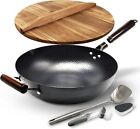 Carbon Steel Chinese Wok Pan With Lid,Non-Stick Flat Bottom Stir Fry Wok Set NEW