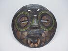 Africa Ghana Round Wood Tribal Mask Glass Beads Copper Inlay