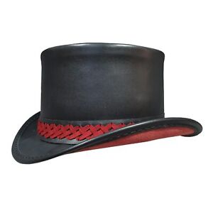 Steampunk Hat Red Braided Band Hat Black Leather Top Hat Stylish Biker Top Hat