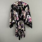 Torrid Size 1 1X Floral Birds Short Satin Kimono Robe Belted Lace Trim Sleeves