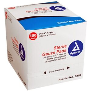 Dynarex Sterile Gauze Pads 4'' x 4'', 12-Ply, Box of 100 #3354