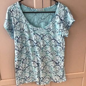 Fresh Produce Cotton Blue Green Floral Short Sleeve Top Size L Free Shipping